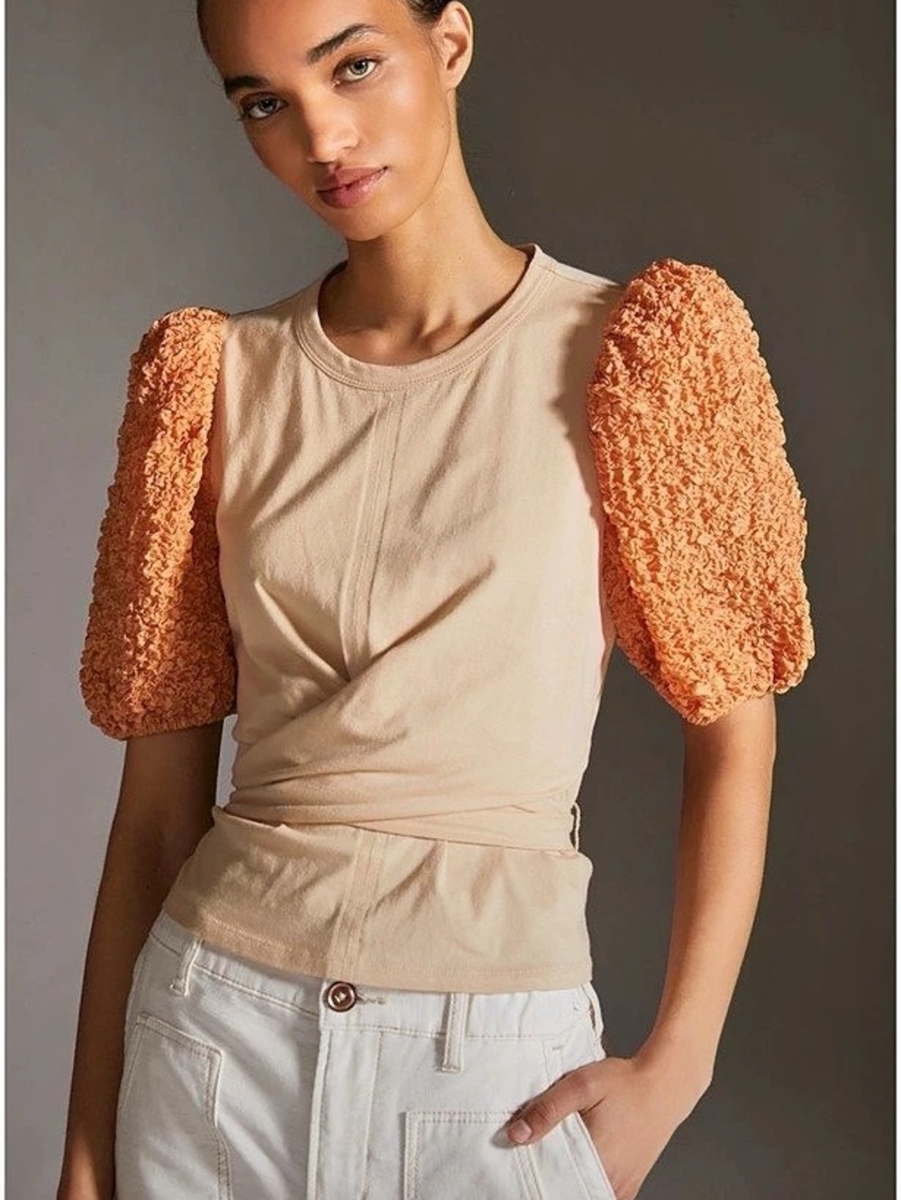 Current Air Contrast Anthropologie Puff Sleeve Tie Back Top in Orange & Cream